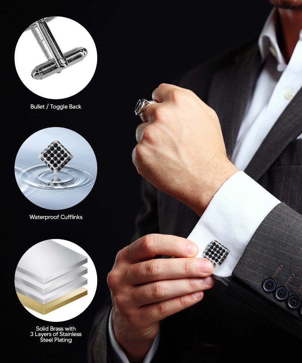 Vittorio Vico Men's Large Square Studded Colored Crystal Cufflinks: CL76XX Series - Black and Silver - Cufflinks - Vittorio Vico