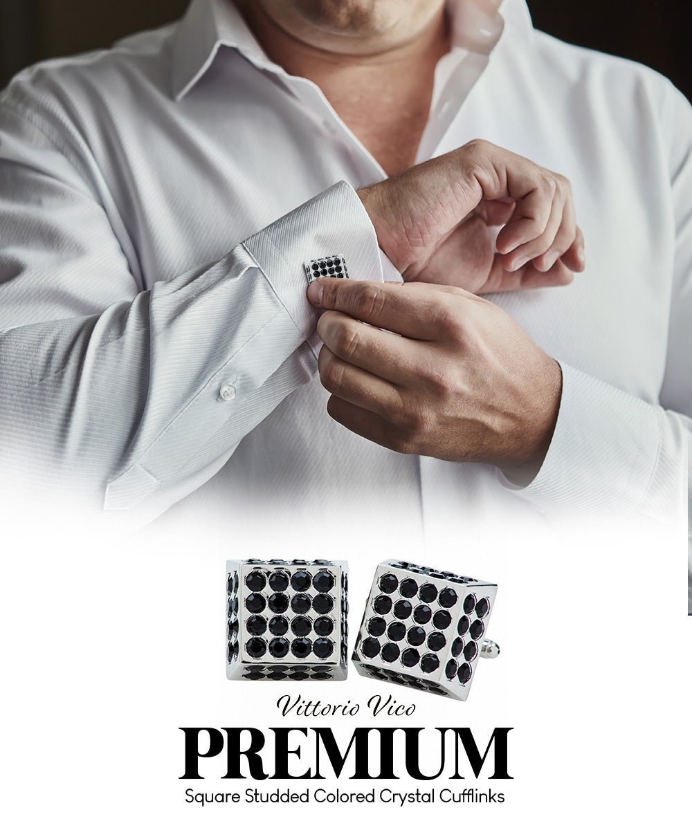 Vittorio Vico Men's Large Square Studded Colored Crystal Cufflinks: CL76XX Series - Black and Silver - Cufflinks - Vittorio Vico