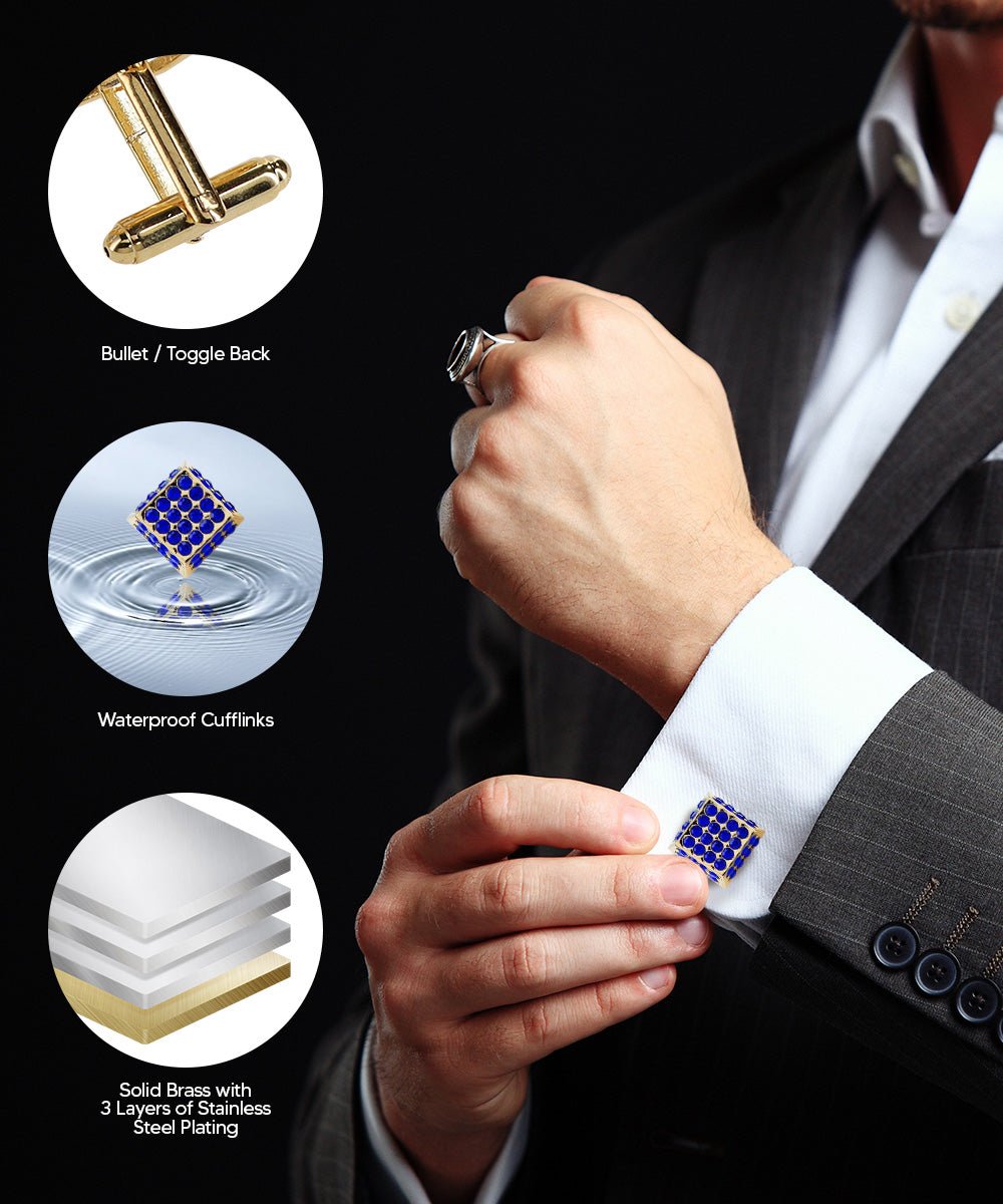 Vittorio Vico Men's Large Square Studded Colored Crystal Cufflinks: CL76XX Series - Blue and Gold - Cufflinks - Vittorio Vico