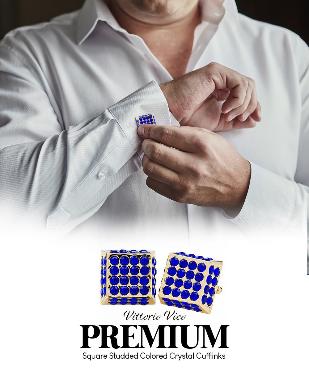 Vittorio Vico Men's Large Square Studded Colored Crystal Cufflinks: CL76XX Series - Blue and Gold - Cufflinks - Vittorio Vico