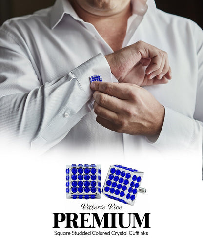 Vittorio Vico Men's Large Square Studded Colored Crystal Cufflinks: CL76XX Series - Blue and Silver - Cufflinks - Vittorio Vico