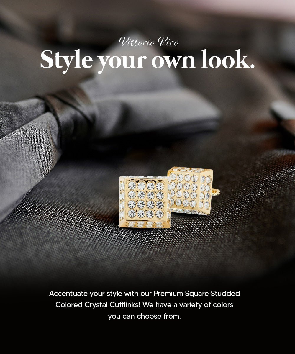 Vittorio Vico Men's Large Square Studded Colored Crystal Cufflinks: CL76XX Series - Black and Gold - Cufflinks - Vittorio Vico