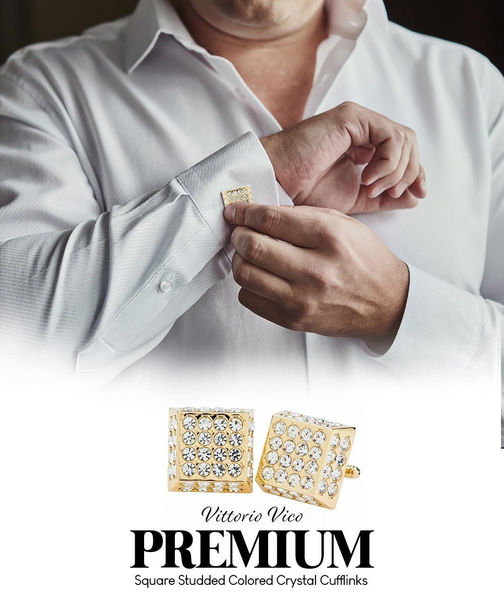 Vittorio Vico Men's Large Square Studded Colored Crystal Cufflinks: CL76XX Series - Clear and Gold - Cufflinks - Vittorio Vico