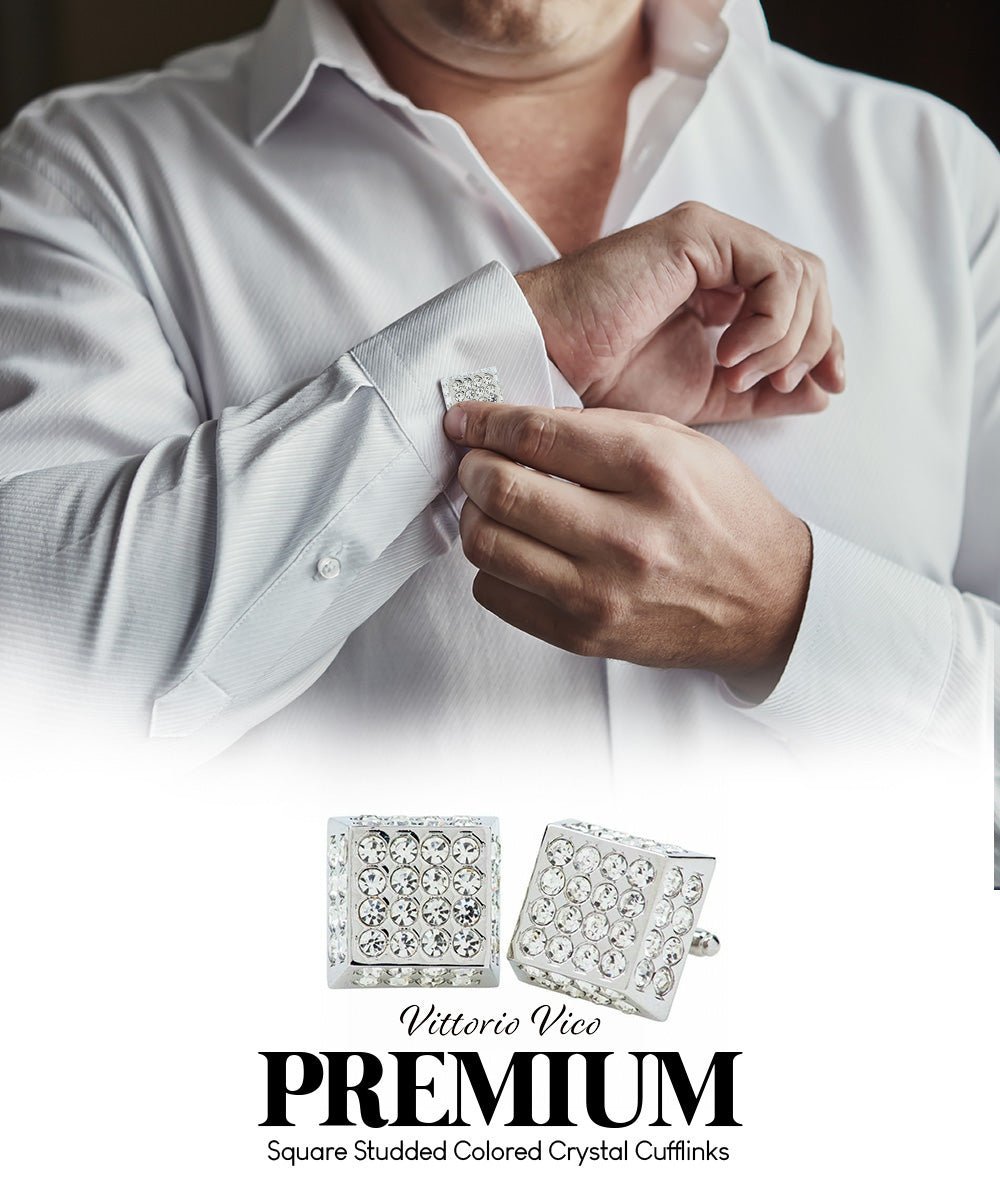 Vittorio Vico Men's Large Square Studded Colored Crystal Cufflinks: CL76XX Series - Clear and Silver - Cufflinks - Vittorio Vico
