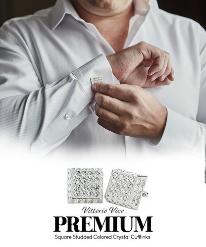 Vittorio Vico Men's Large Square Studded Colored Crystal Cufflinks: CL76XX Series - Clear and Silver - Cufflinks - Vittorio Vico