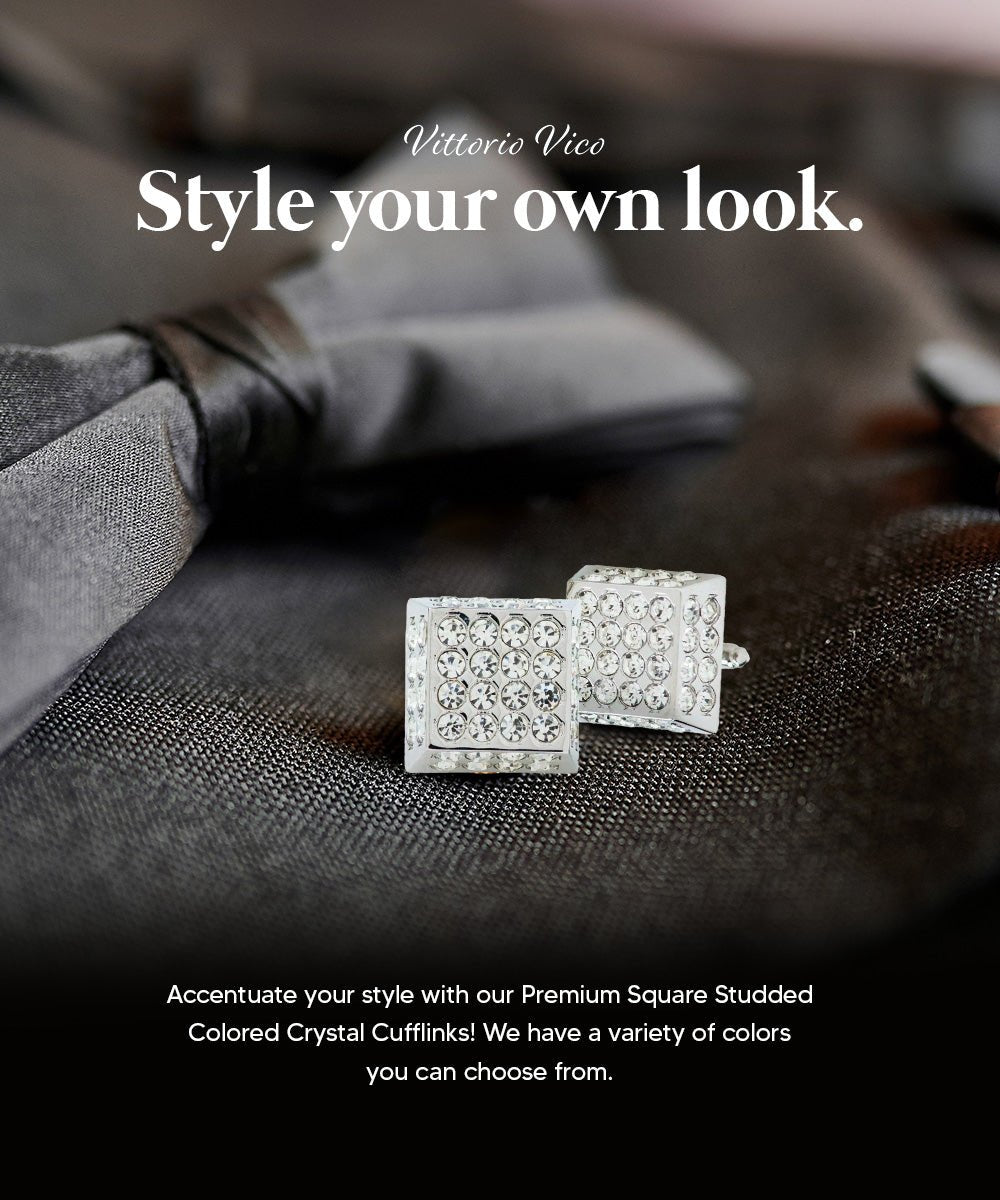 Vittorio Vico Men's Large Square Studded Colored Crystal Cufflinks: CL76XX Series - Clear and Silver - Cufflinks - Vittorio Vico