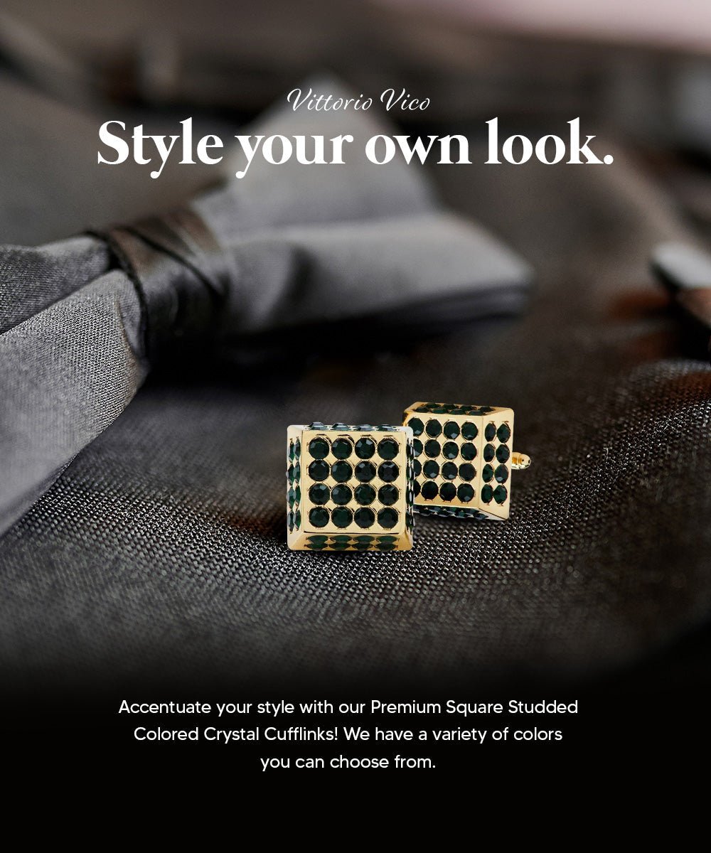 Vittorio Vico Men's Large Square Studded Colored Crystal Cufflinks: CL76XX Series - Black and Gold - Cufflinks - Vittorio Vico