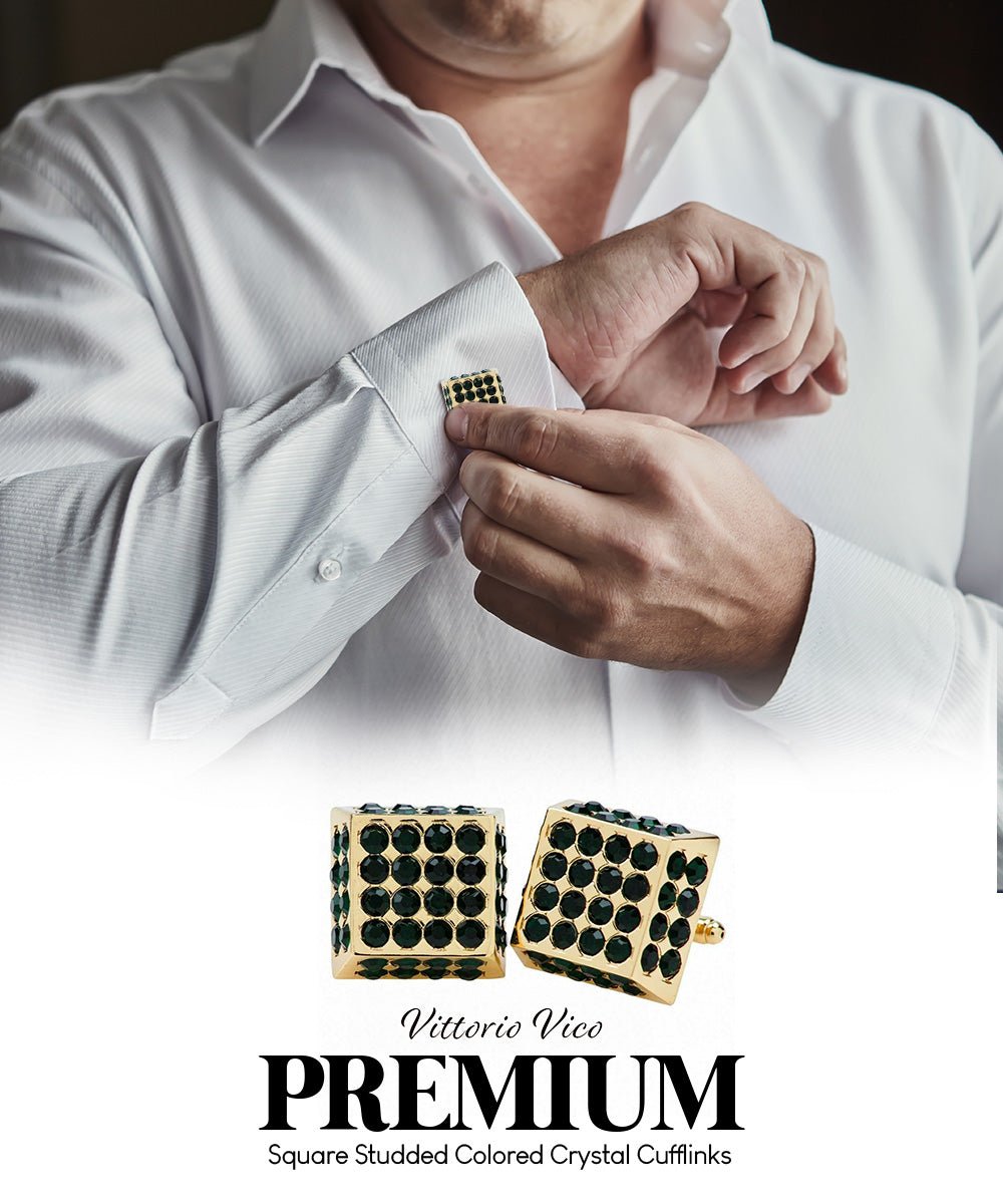 Vittorio Vico Men's Large Square Studded Colored Crystal Cufflinks: CL76XX Series - Green and Gold - Cufflinks - Vittorio Vico