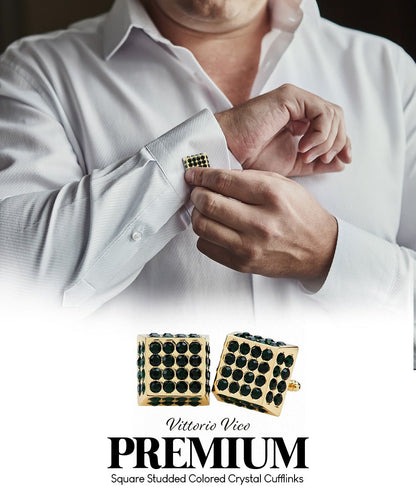 Vittorio Vico Men's Large Square Studded Colored Crystal Cufflinks: CL76XX Series - Green and Gold - Cufflinks - Vittorio Vico