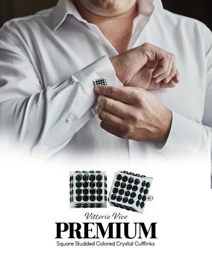 Vittorio Vico Men's Large Square Studded Colored Crystal Cufflinks: CL76XX Series - Green and Silver - Cufflinks - Vittorio Vico