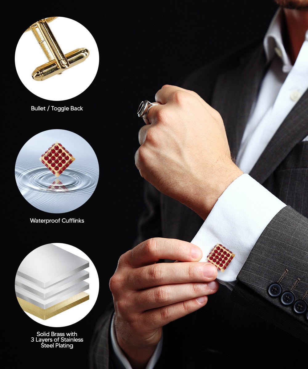 Vittorio Vico Men's Large Square Studded Colored Crystal Cufflinks: CL76XX Series - Red and Gold - Cufflinks - Vittorio Vico