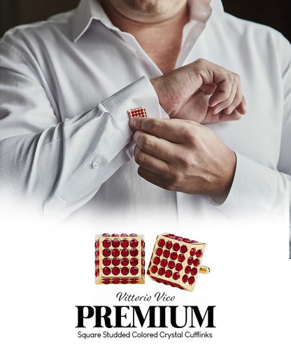 Vittorio Vico Men's Large Square Studded Colored Crystal Cufflinks: CL76XX Series - Red and Gold - Cufflinks - Vittorio Vico