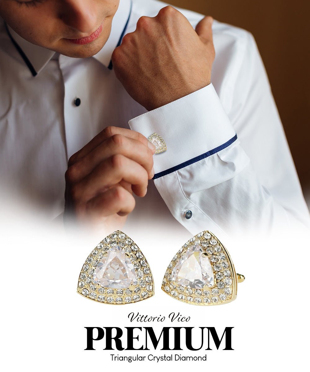 Vittorio Vico Men's Large Triangular Crystal Diamond Set Cufflinks: CL72XX Series - Clear and Gold - Cufflinks - Vittorio Vico