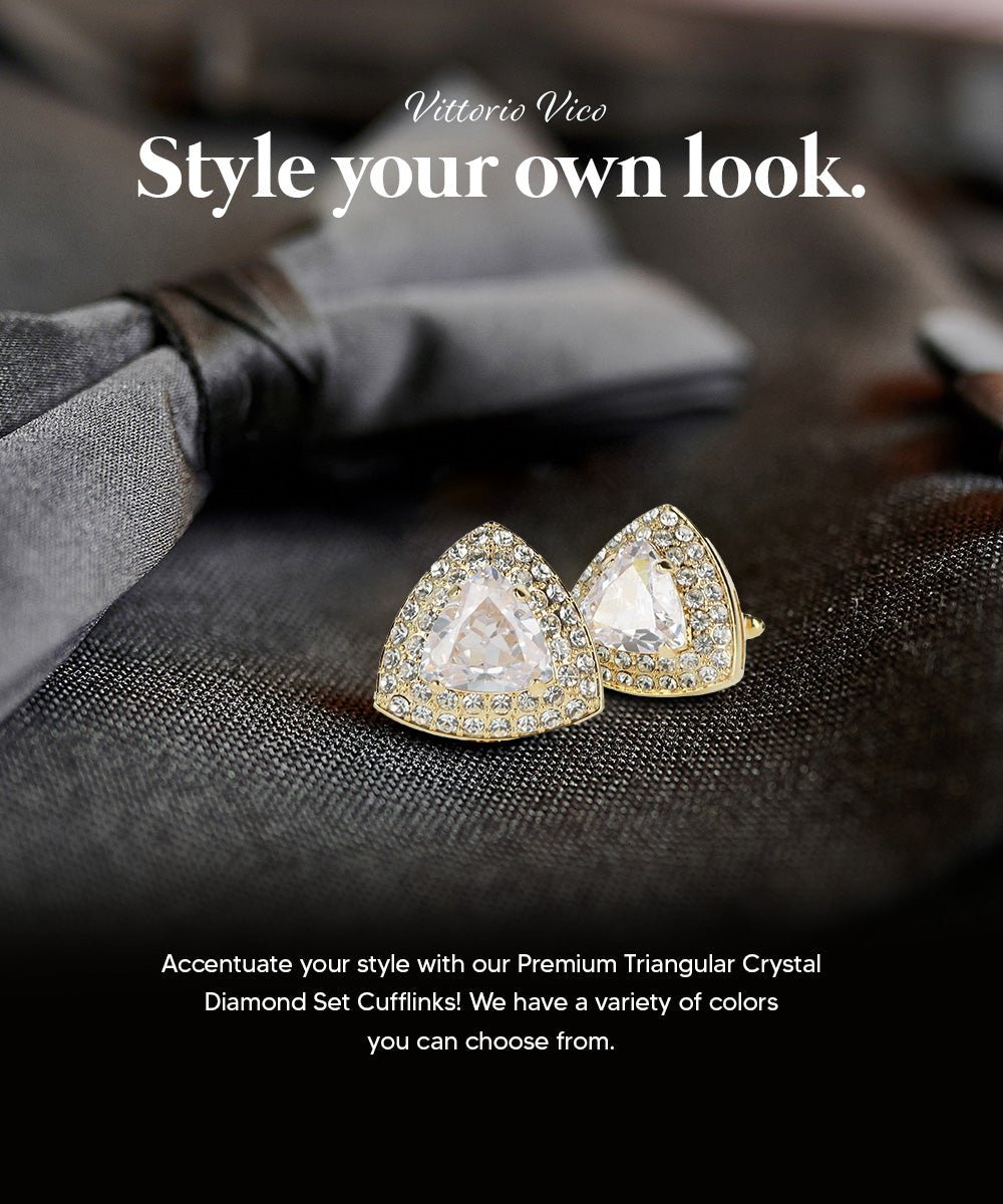 Vittorio Vico Men's Large Triangular Crystal Diamond Set Cufflinks: CL72XX Series - Clear and Gold - Cufflinks - Vittorio Vico