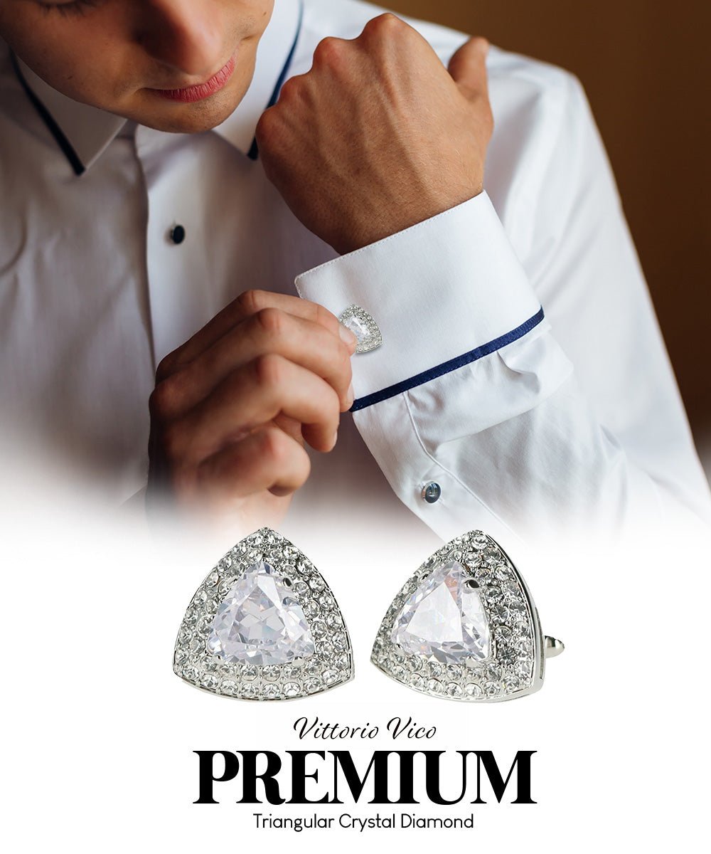 Vittorio Vico Men's Large Triangular Crystal Diamond Set Cufflinks: CL72XX Series - Clear and Silver - Cufflinks - Vittorio Vico