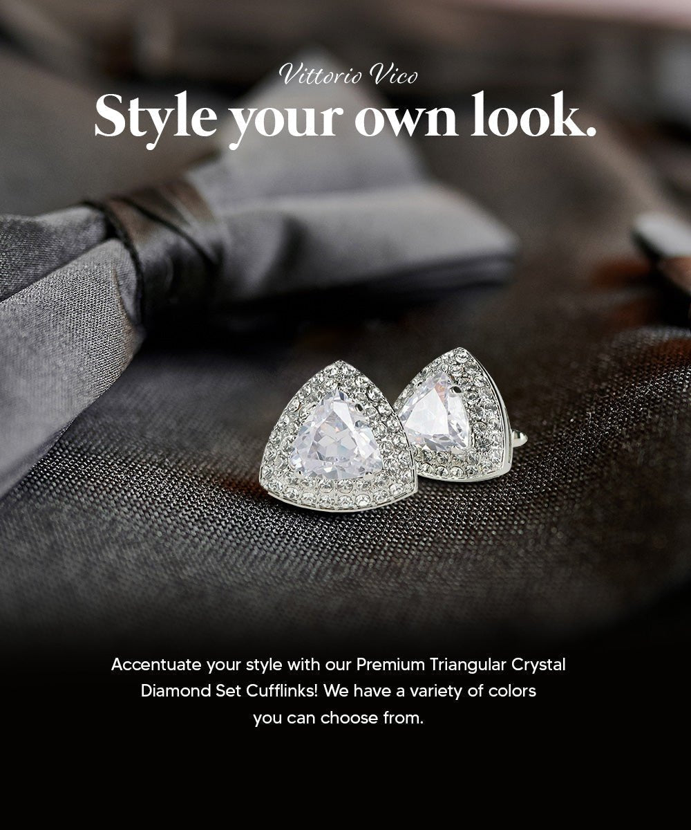 Vittorio Vico Men's Large Triangular Crystal Diamond Set Cufflinks: CL72XX Series - Clear and Silver - Cufflinks - Vittorio Vico