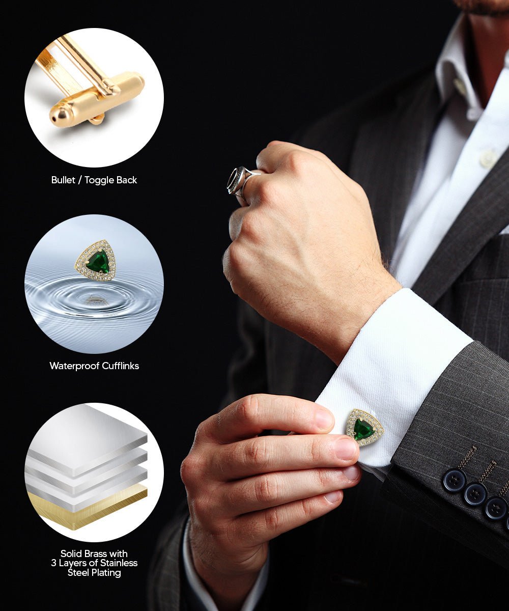 Vittorio Vico Men's Large Triangular Crystal Diamond Set Cufflinks: CL72XX Series - Emerald Green and Gold - Cufflinks - Vittorio Vico