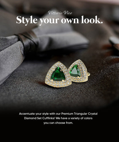Vittorio Vico Men's Large Triangular Crystal Diamond Set Cufflinks: CL72XX Series - Emerald Green and Gold - Cufflinks - Vittorio Vico