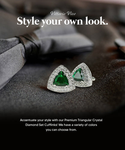 Vittorio Vico Men's Large Triangular Crystal Diamond Set Cufflinks: CL72XX Series - Emerald Green and Silver - Cufflinks - Vittorio Vico