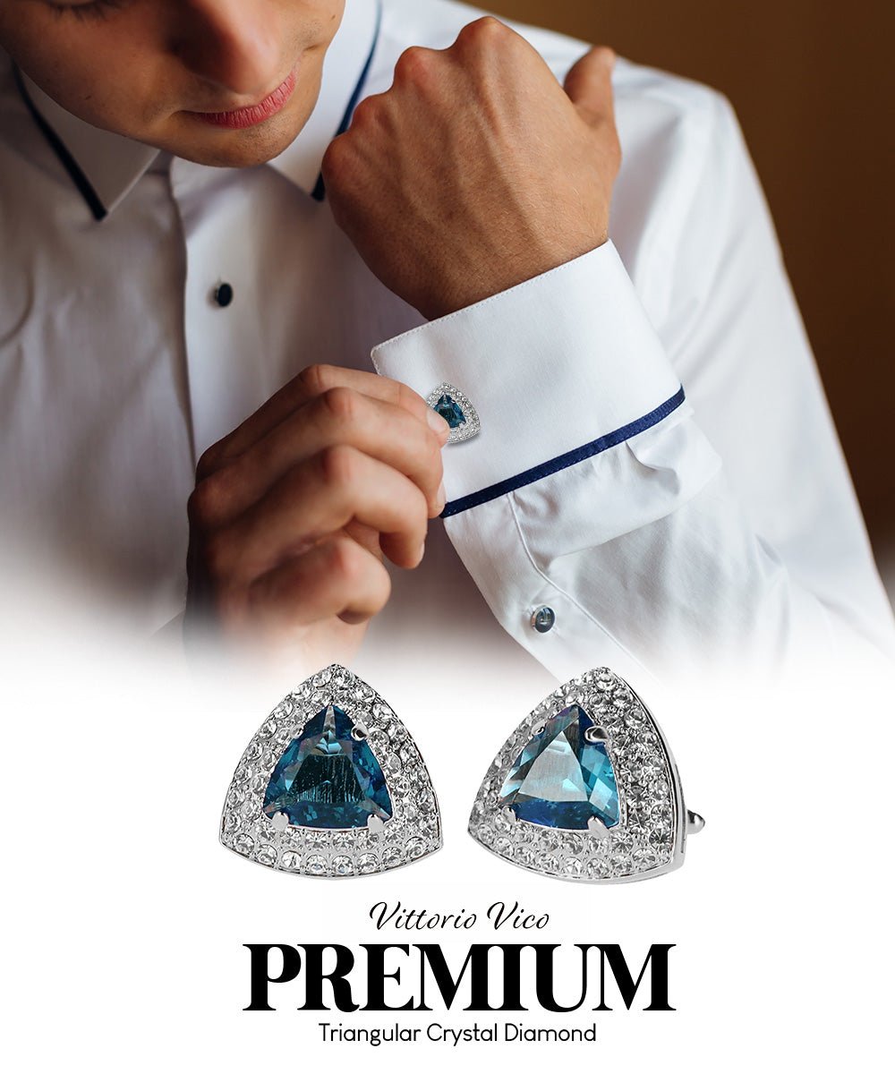 Vittorio Vico Men's Large Triangular Crystal Diamond Set Cufflinks: CL72XX Series - Navy Blule and Silver - Cufflinks - Vittorio Vico