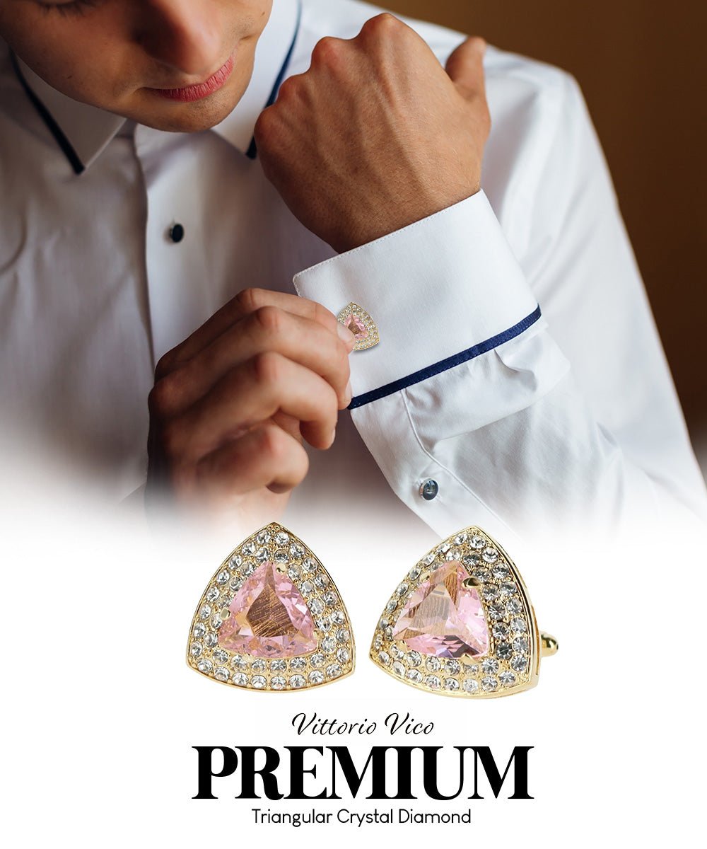 Vittorio Vico Men's Large Triangular Crystal Diamond Set Cufflinks: CL72XX Series - Pink and Gold - Cufflinks - Vittorio Vico