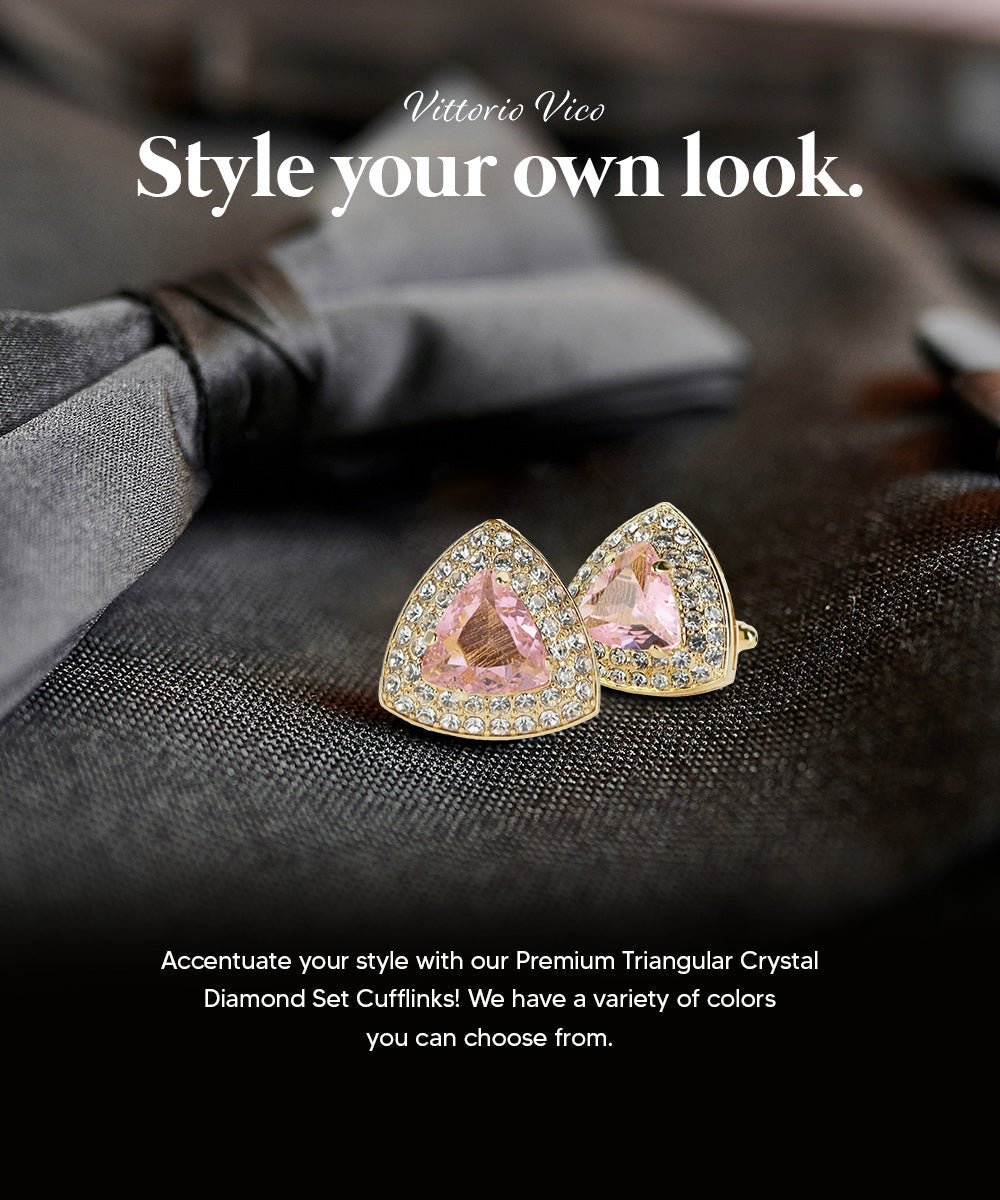 Vittorio Vico Men's Large Triangular Crystal Diamond Set Cufflinks: CL72XX Series - Pink and Gold - Cufflinks - Vittorio Vico