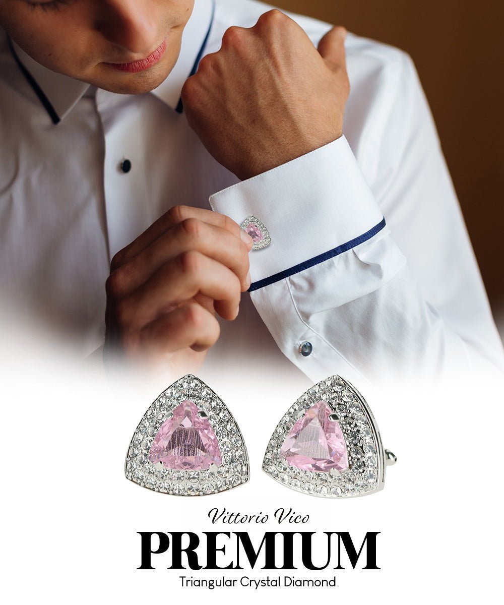 Vittorio Vico Men's Large Triangular Crystal Diamond Set Cufflinks: CL72XX Series - Pink and Silver - Cufflinks - Vittorio Vico