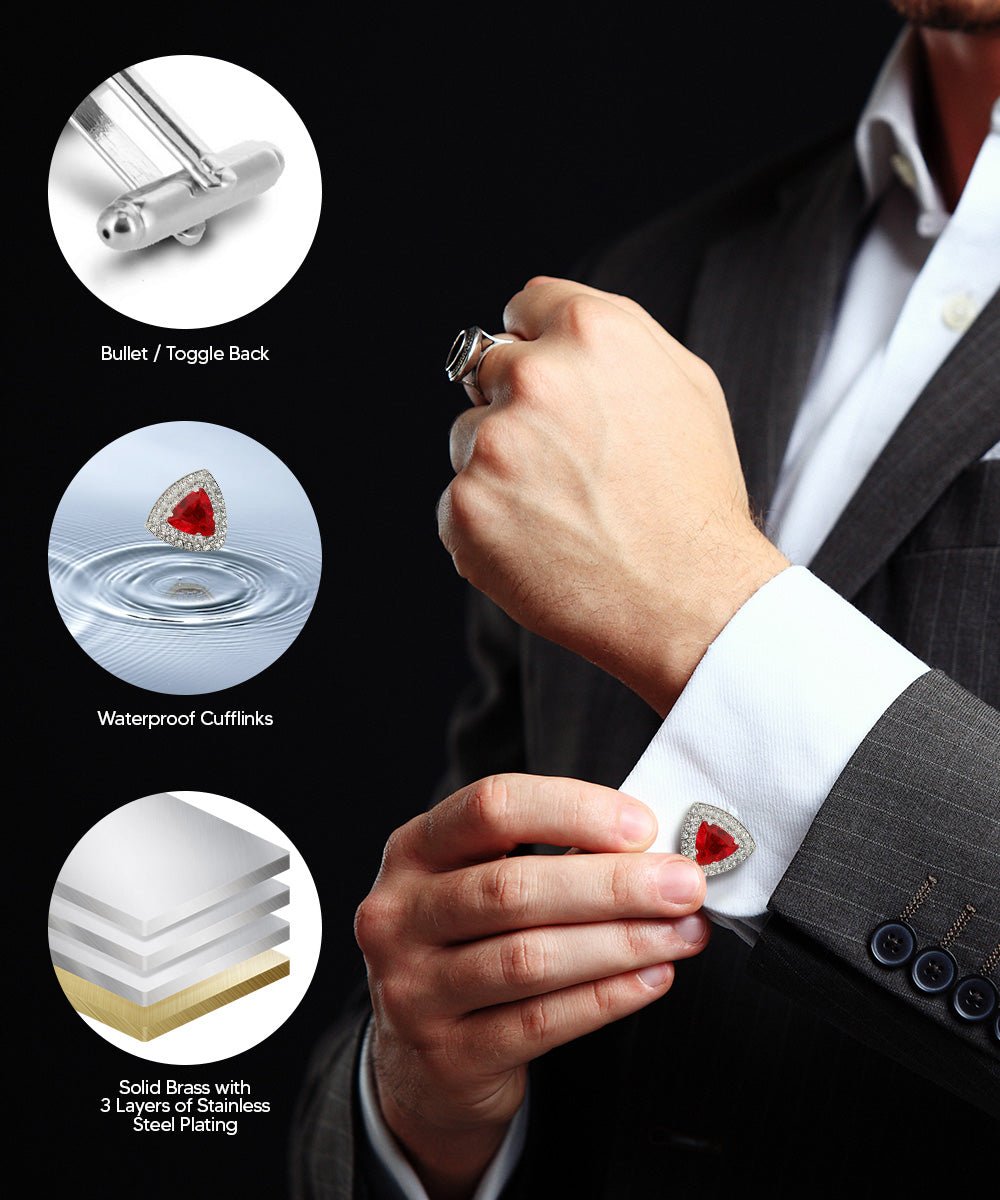 Vittorio Vico Men's Large Triangular Crystal Diamond Set Cufflinks: CL72XX Series - Red and Silver - Cufflinks - Vittorio Vico