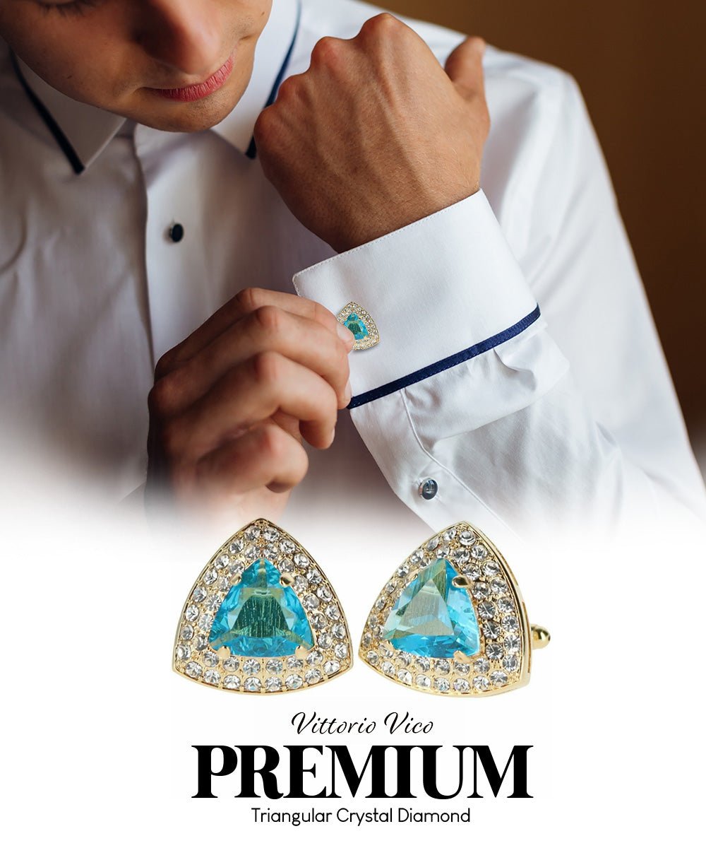 Vittorio Vico Men's Large Triangular Crystal Diamond Set Cufflinks: CL72XX Series - Turquoise and Gold - Cufflinks - Vittorio Vico