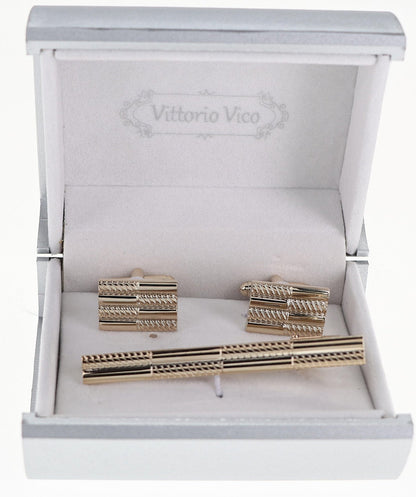 Vittorio Vico Plain Gold Cufflink & Tie Bar Set in Gift Box - CLTB 504 - Cufflink & Tiebar Set - Vittorio Vico