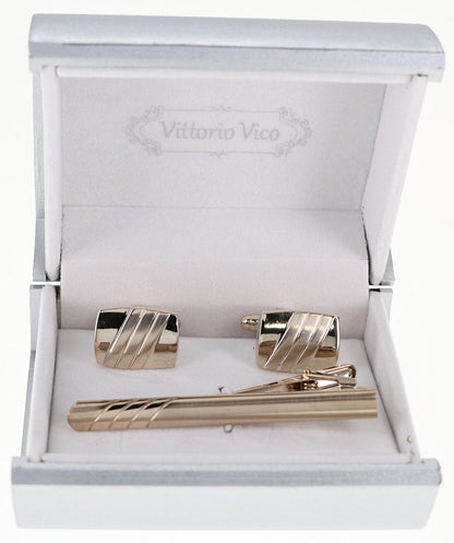 Vittorio Vico Plain Gold Cufflink & Tie Bar Set in Gift Box - CLTB 510 - Cufflink & Tiebar Set - Vittorio Vico