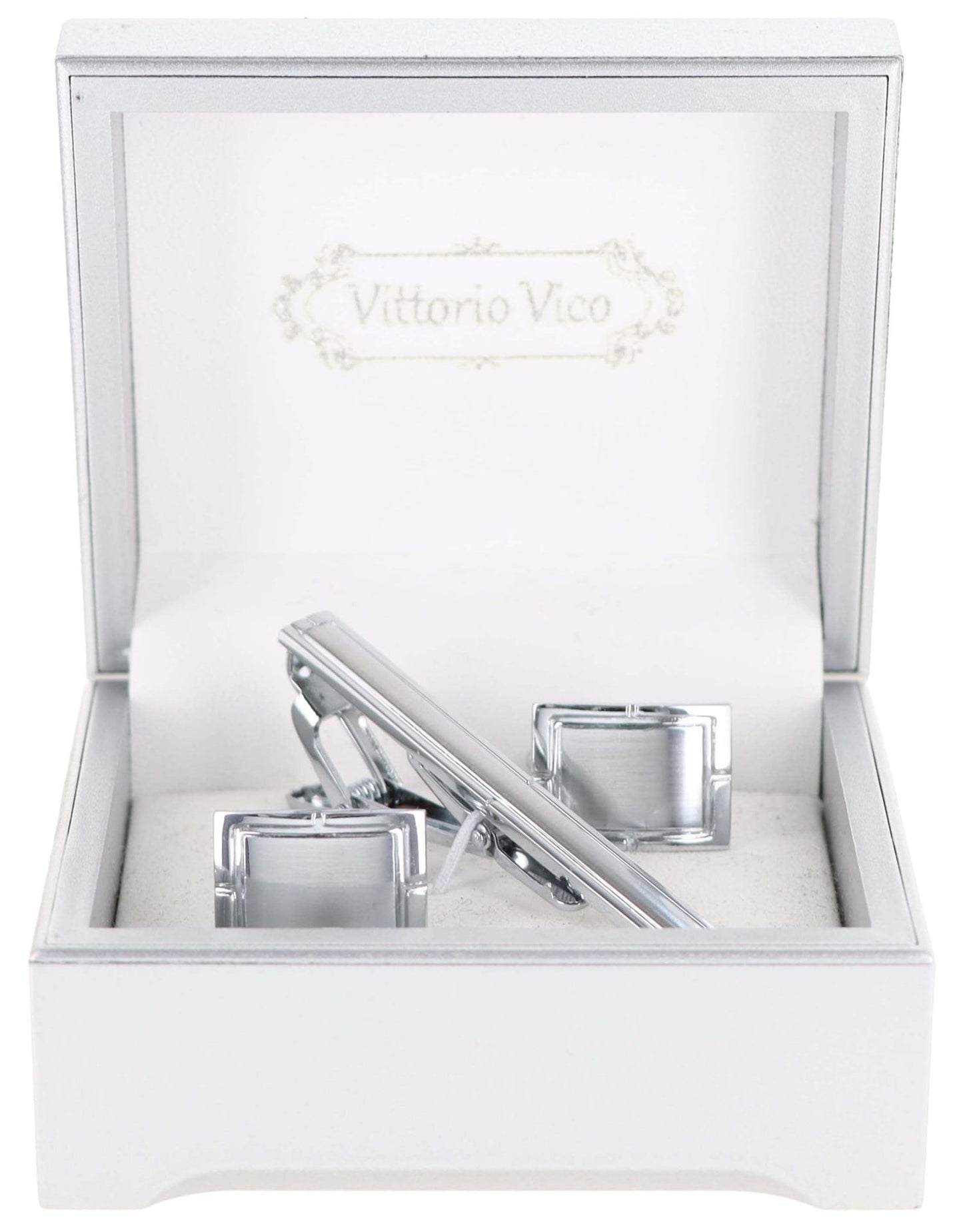 Vittorio Vico Plain Silver Cufflink & Tie Bar Set in Gift Box - CLTB 446 - Cufflink & Tiebar Set - Vittorio Vico