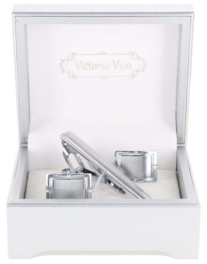 Vittorio Vico Plain Silver Cufflink & Tie Bar Set in Gift Box - CLTB 446 - Cufflink & Tiebar Set - Vittorio Vico