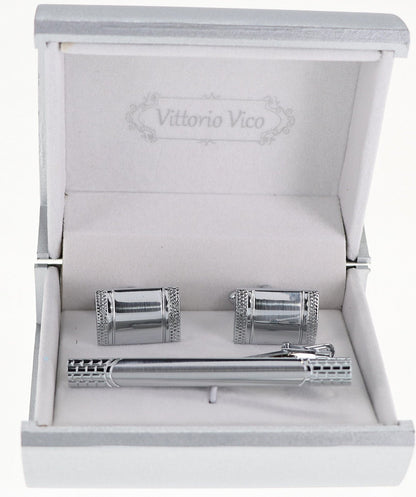 Vittorio Vico Plain Silver Cufflink & Tie Bar Set in Gift Box - CLTB 503 - Cufflink & Tiebar Set - Vittorio Vico