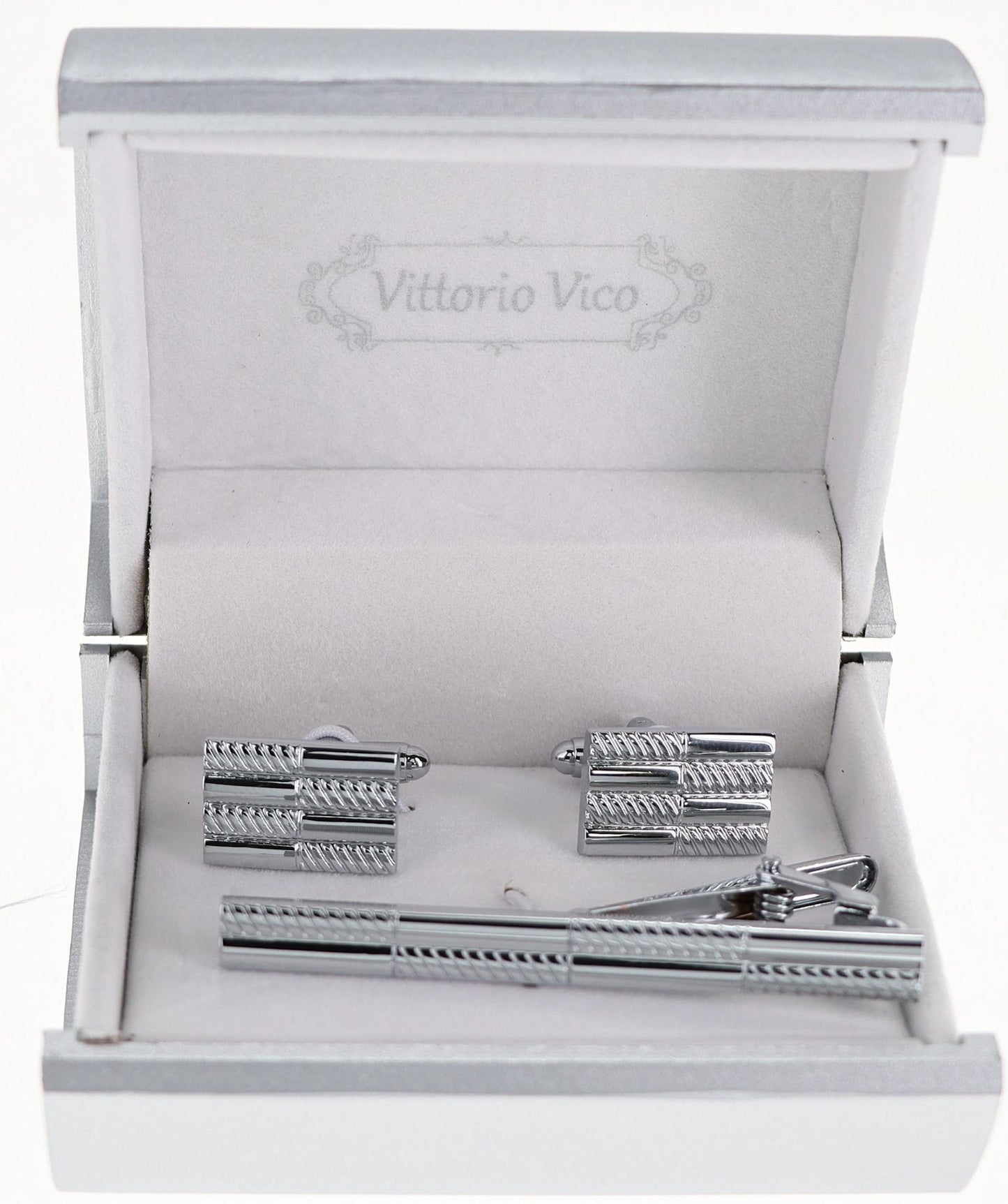 Vittorio Vico Plain Silver Cufflink & Tie Bar Set in Gift Box - CLTB 505 - Cufflink & Tiebar Set - Vittorio Vico