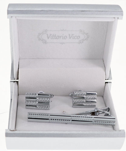 Vittorio Vico Plain Silver Cufflink & Tie Bar Set in Gift Box - CLTB 505 - Cufflink & Tiebar Set - Vittorio Vico