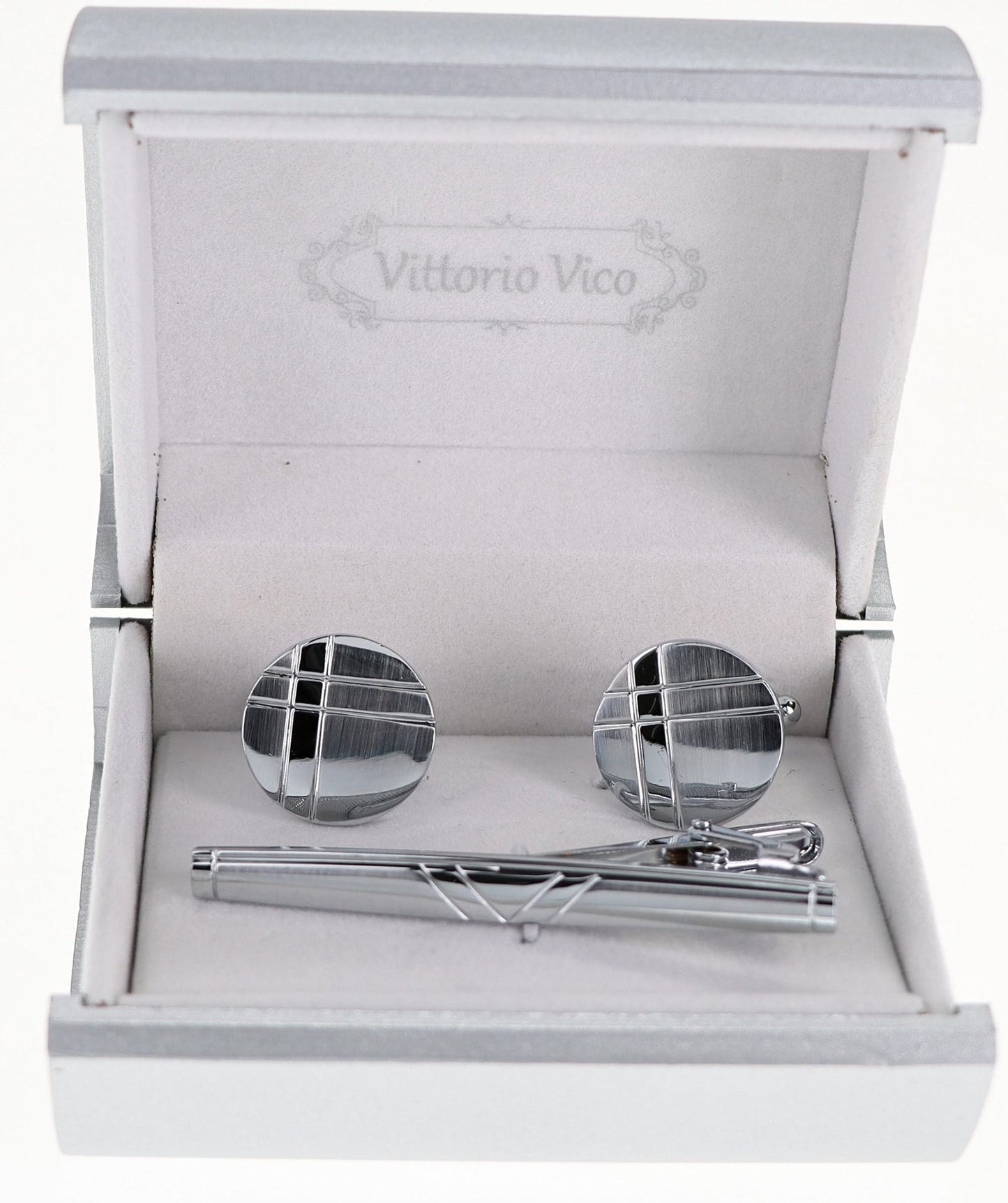 Vittorio Vico Plain Silver Cufflink & Tie Bar Set in Gift Box - CLTB 507 - Cufflink & Tiebar Set - Vittorio Vico