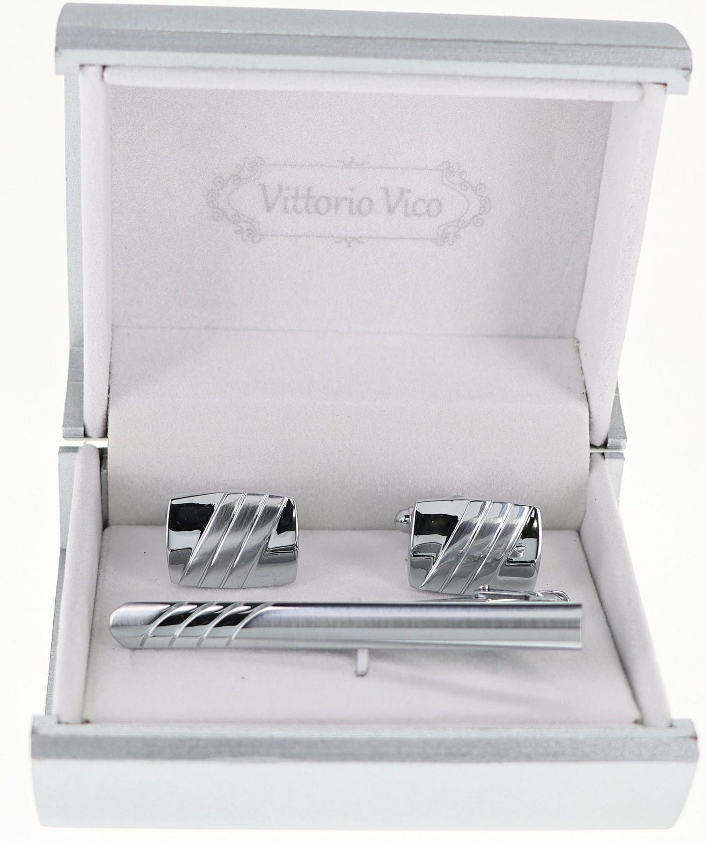 Vittorio Vico Plain Silver Cufflink & Tie Bar Set in Gift Box - CLTB 511 - Cufflink & Tiebar Set - Vittorio Vico
