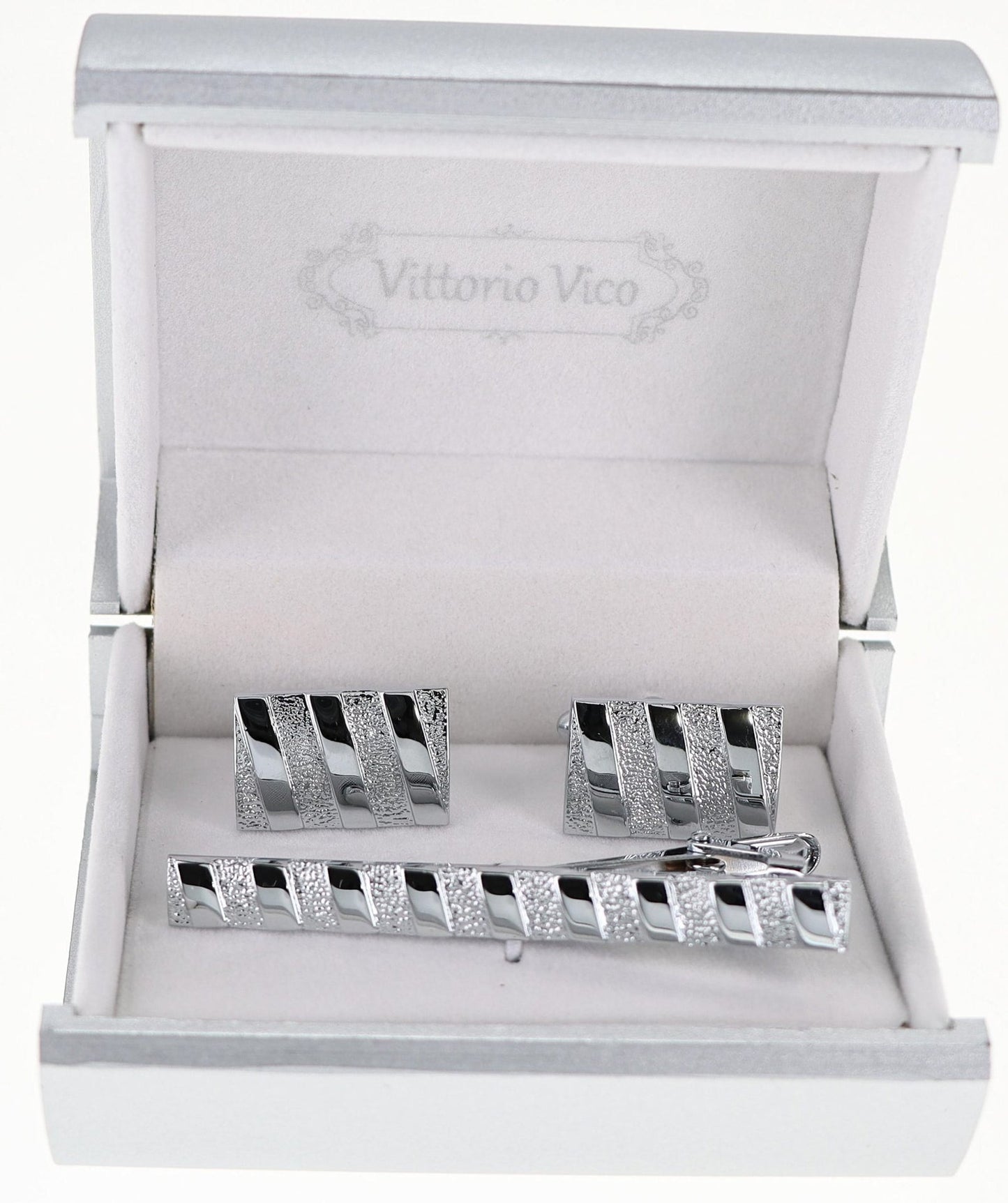 Vittorio Vico Plain Silver Cufflink & Tie Bar Set in Gift Box - CLTB 513 - Cufflink & Tiebar Set - Vittorio Vico