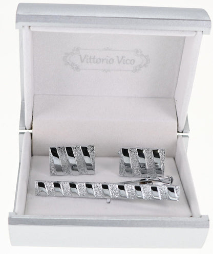 Vittorio Vico Plain Silver Cufflink & Tie Bar Set in Gift Box - CLTB 513 - Cufflink & Tiebar Set - Vittorio Vico