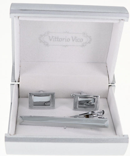 Vittorio Vico Plain Silver Cufflink & Tie Bar Set in Gift Box - CLTB 515 - Cufflink & Tiebar Set - Vittorio Vico