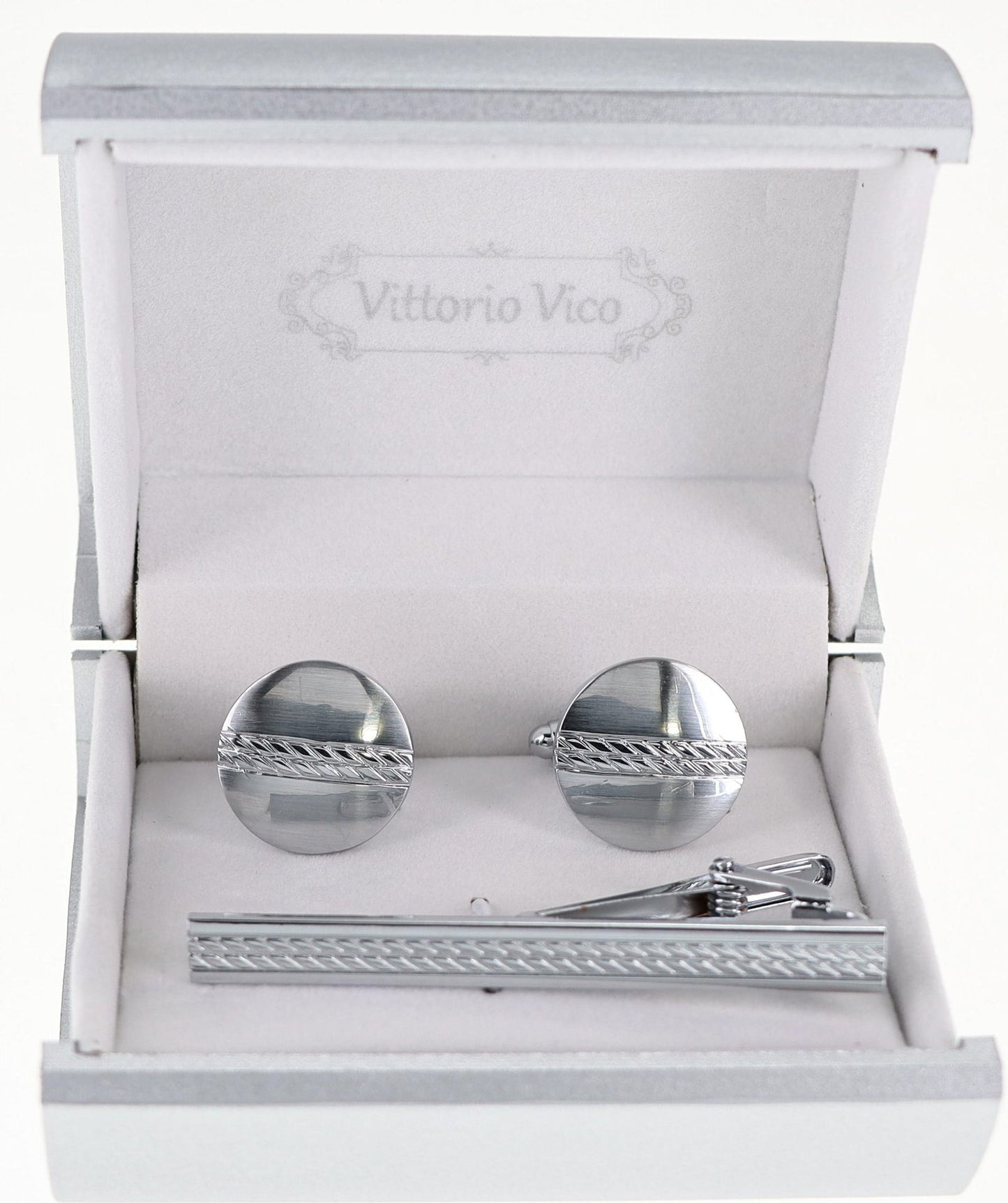 Vittorio Vico Plain Silver Cufflink & Tie Bar Set in Gift Box - CLTB 517 - Cufflink & Tiebar Set - Vittorio Vico