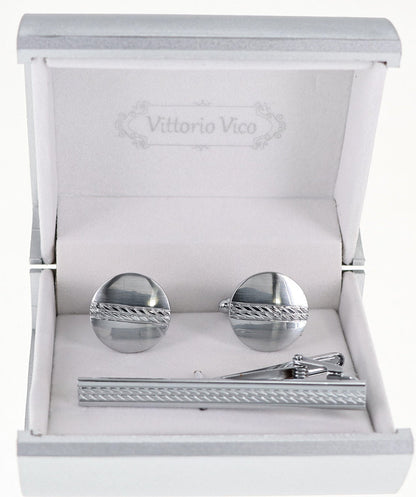 Vittorio Vico Plain Silver Cufflink & Tie Bar Set in Gift Box - CLTB 517 - Cufflink & Tiebar Set - Vittorio Vico