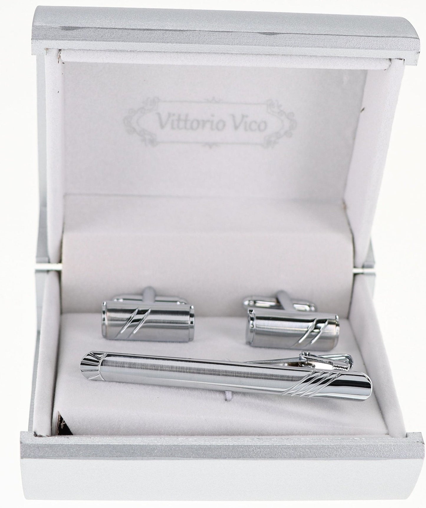 Vittorio Vico Plain Silver Cufflink & Tie Bar Set in Gift Box - CLTB 519 - Cufflink & Tiebar Set - Vittorio Vico
