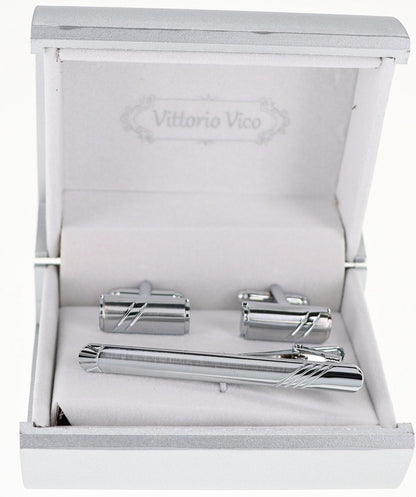 Vittorio Vico Plain Silver Cufflink & Tie Bar Set in Gift Box - CLTB 519 - Cufflink & Tiebar Set - Vittorio Vico