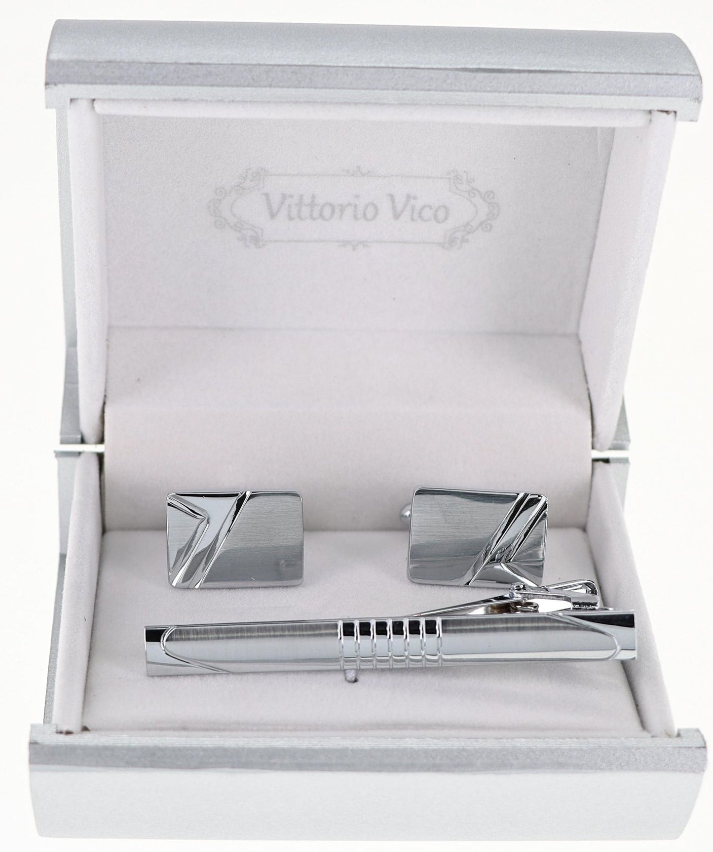 Vittorio Vico Plain Silver Cufflink & Tie Bar Set in Gift Box - CLTB 521 - Cufflink & Tiebar Set - Vittorio Vico