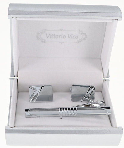 Vittorio Vico Plain Silver Cufflink & Tie Bar Set in Gift Box - CLTB 521 - Cufflink & Tiebar Set - Vittorio Vico