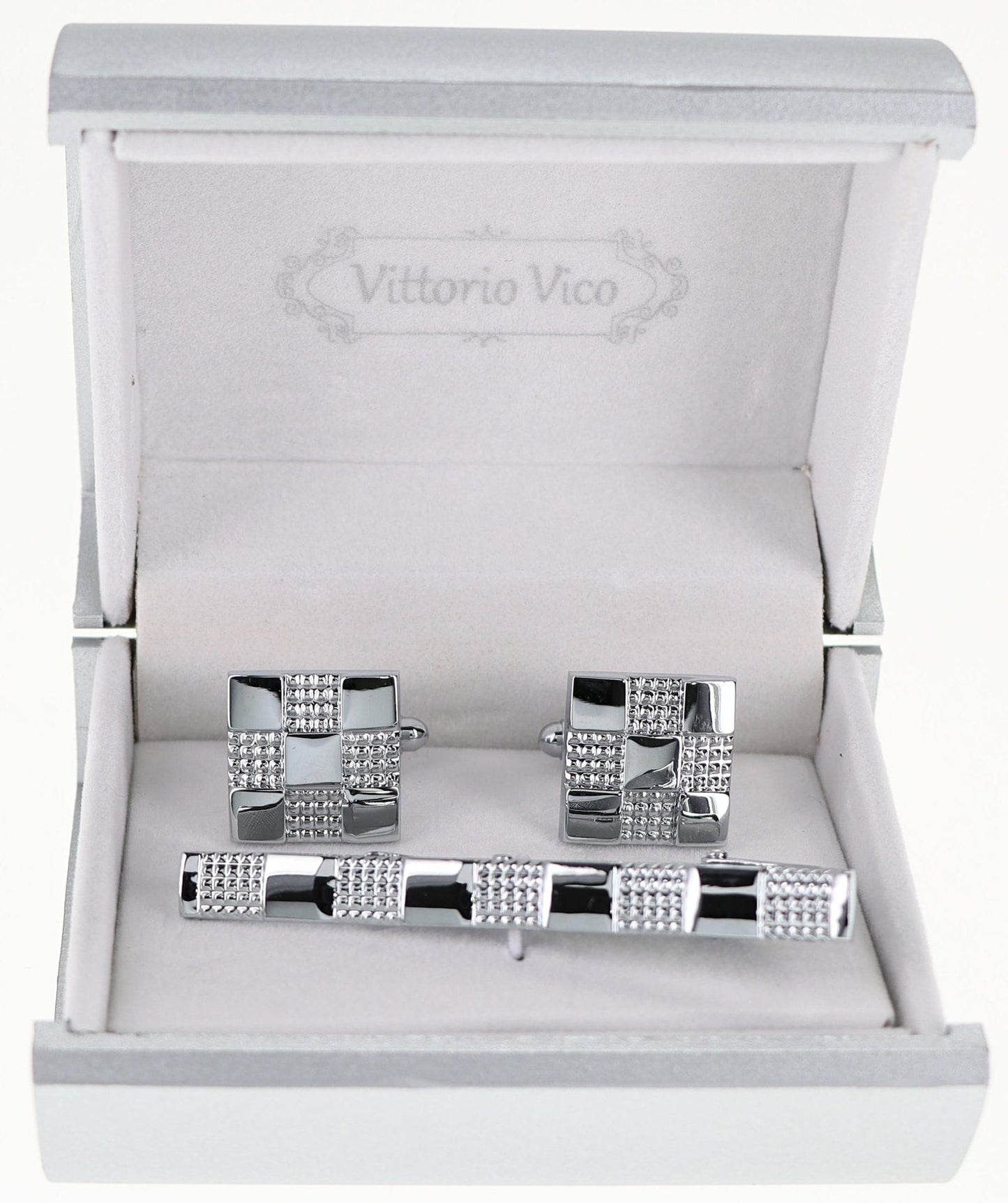 Vittorio Vico Plain Silver Cufflink & Tie Bar Set in Gift Box - CLTB 527 - Cufflink & Tiebar Set - Vittorio Vico