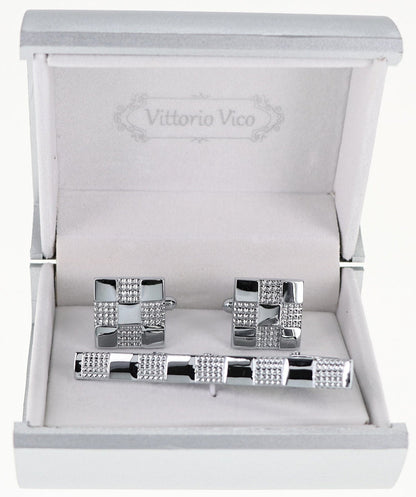 Vittorio Vico Plain Silver Cufflink & Tie Bar Set in Gift Box - CLTB 527 - Cufflink & Tiebar Set - Vittorio Vico