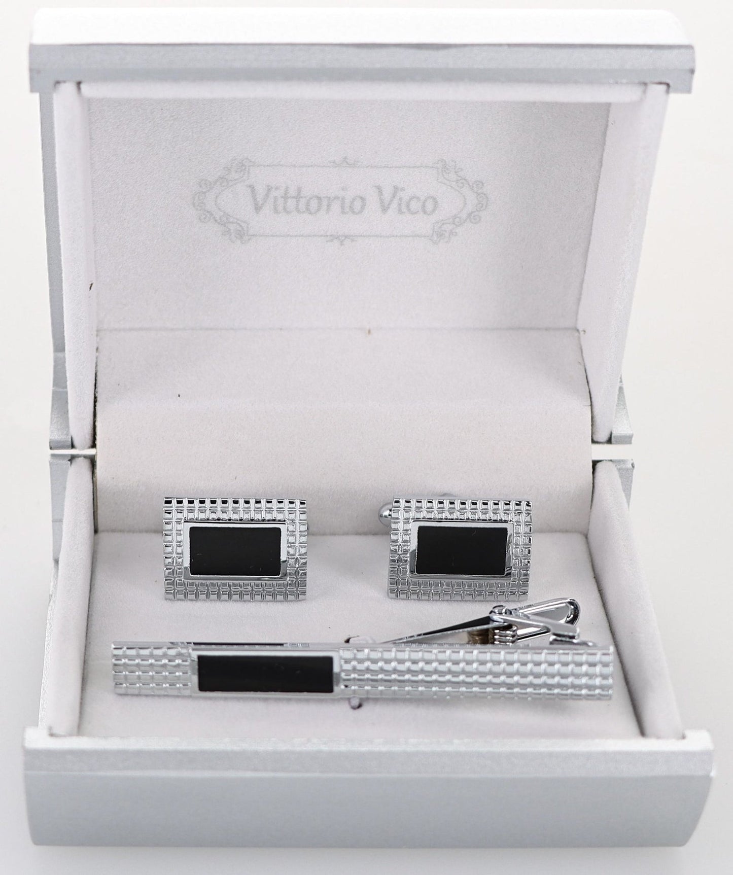 Vittorio Vico Plain Silver Cufflink & Tie Bar Set in Gift Box - CLTB 529 - Cufflink & Tiebar Set - Vittorio Vico